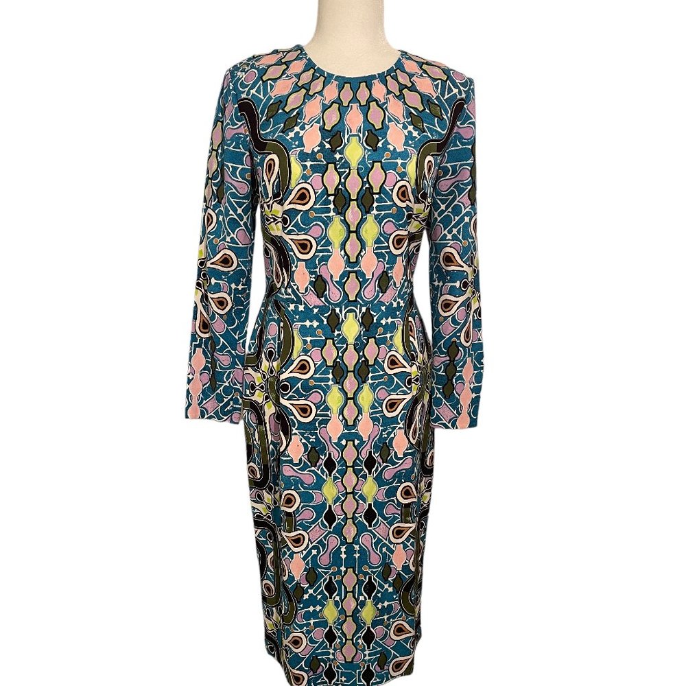 PETER PILOTTO Graphic Print Midi Cube Sheath Long Sleeve Dress 10